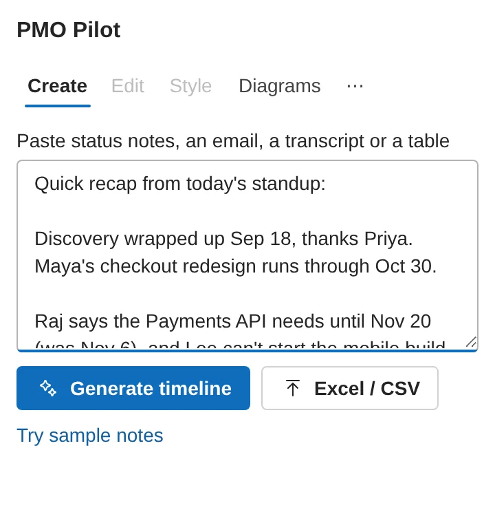 PMO Pilot task pane with a pasted status email and a Generate timeline button