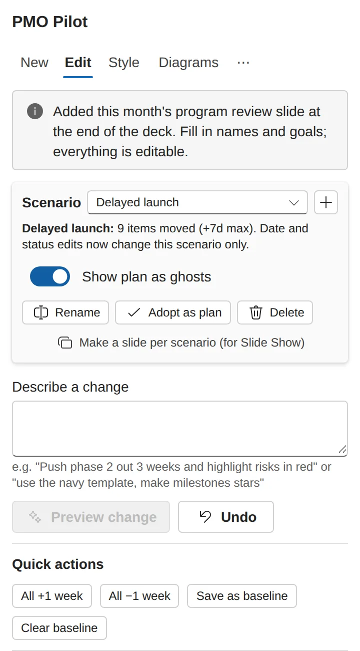 Scenario controls: delayed launch scenario with plan shown as ghost bars