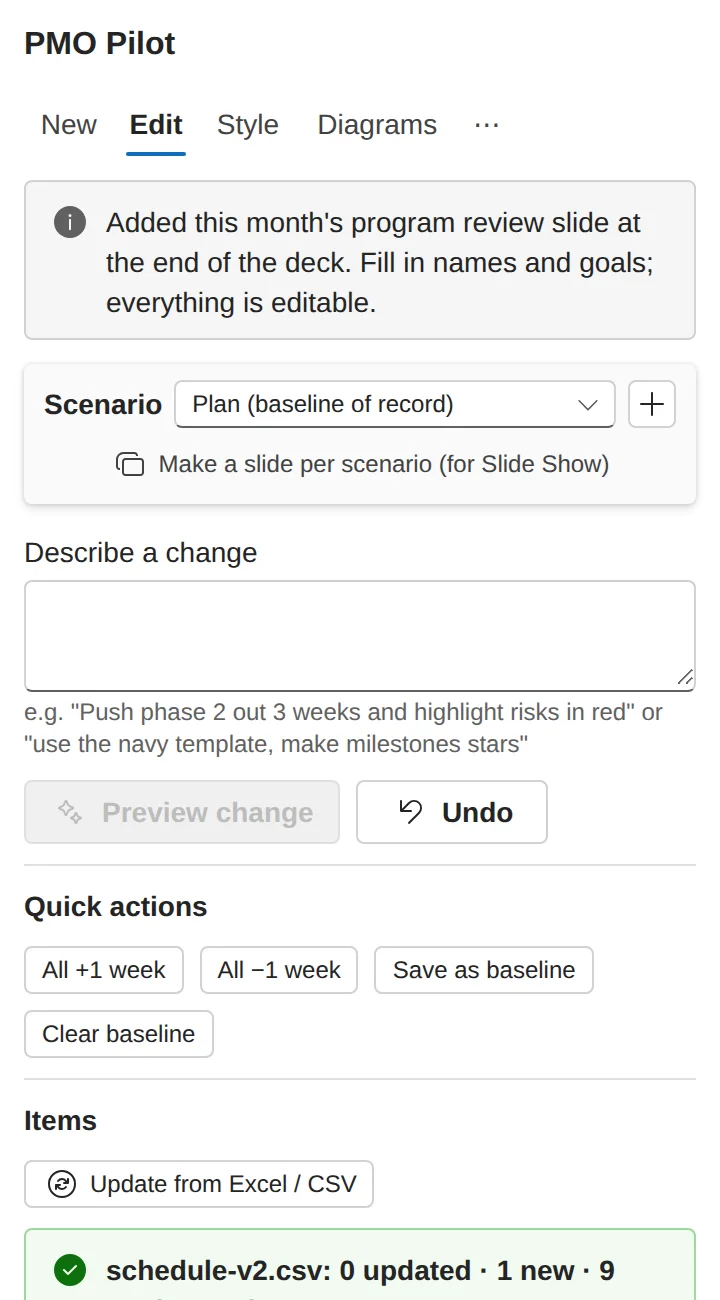 Update from Excel result: one new item, nine unchanged, with Apply and Discard buttons